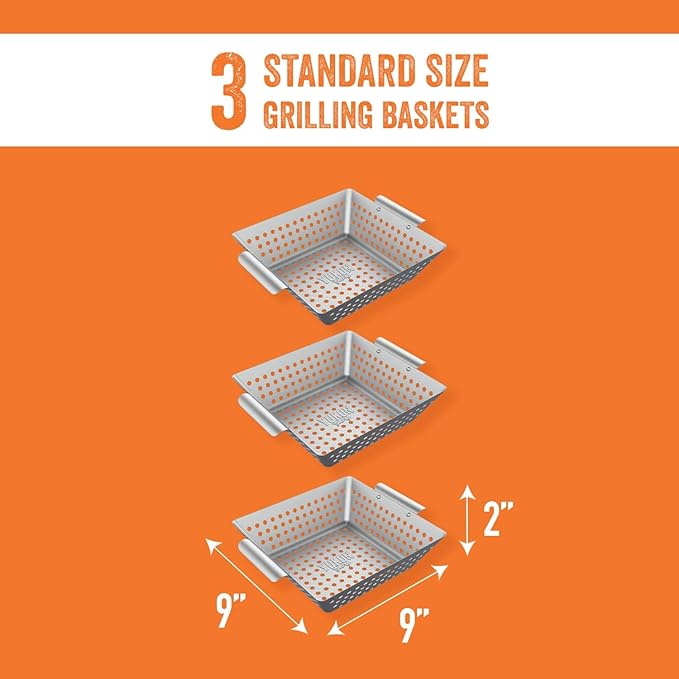 Yukon Glory™ Grilling Basket Set – 3-Piece 9x9x2 Stainless Steel Square Grill Baskets for Outdoor Grill – Perforated BBQ Grill Basket Perfect for Grilling Veggies, Seafood and Meats