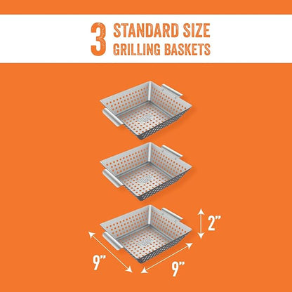Yukon Glory™ Grilling Basket Set – 3-Piece 9x9x2 Stainless Steel Square Grill Baskets for Outdoor Grill – Perforated BBQ Grill Basket Perfect for Grilling Veggies, Seafood and Meats