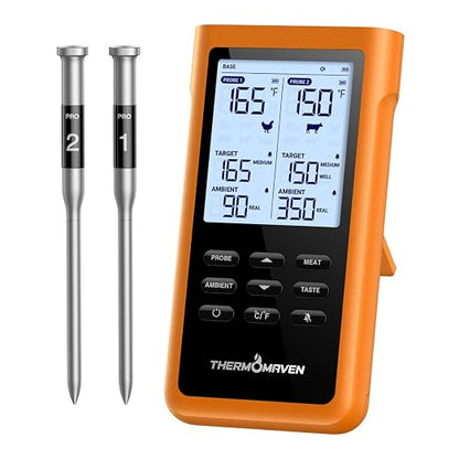 ThermoMaven Sub-1G Wireless Meat Thermometer, No App Needed, 2 Probes | 3000FT Long Range, Digital Smart Base, 6 Sensor NIST Accuracy, IPX8, BBQ Smoker Grill Oven Brisket Steak Turkey Pork Roast