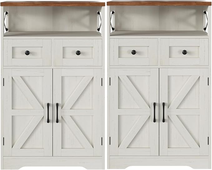 Befrases Set of 2 Farmhouse Storage Cabinet with Barn Doors and Drawers, Freestanding Kitchen Pantry, Floor Storage Cabinet Hutch Cupboard for Kitchen, Laundry, Living Room, White
