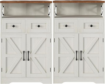 Befrases Set of 2 Farmhouse Storage Cabinet with Barn Doors and Drawers, Freestanding Kitchen Pantry, Floor Storage Cabinet Hutch Cupboard for Kitchen, Laundry, Living Room, White