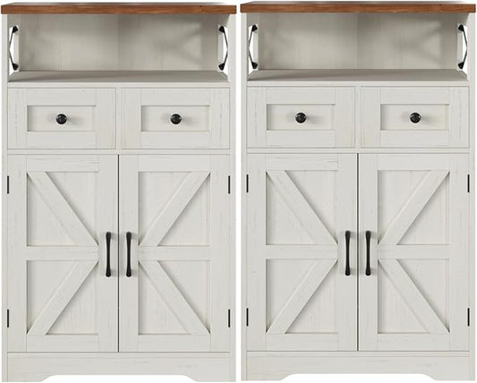 Befrases Set of 2 Farmhouse Storage Cabinet with Barn Doors and Drawers, Freestanding Kitchen Pantry, Floor Storage Cabinet Hutch Cupboard for Kitchen, Laundry, Living Room, White