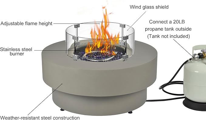 Propane Outdoor Fire Pit Table with Wind Glass Shield, Flint & Concrete Look 32-inch Round Patio Gas Fire Table 50,000 BTU w/Lid, Fire Glass, Cover, Pre-Attached 10ft Propane Hose