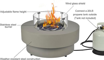 Propane Outdoor Fire Pit Table with Wind Glass Shield, Flint & Concrete Look 32-inch Round Patio Gas Fire Table 50,000 BTU w/Lid, Fire Glass, Cover, Pre-Attached 10ft Propane Hose