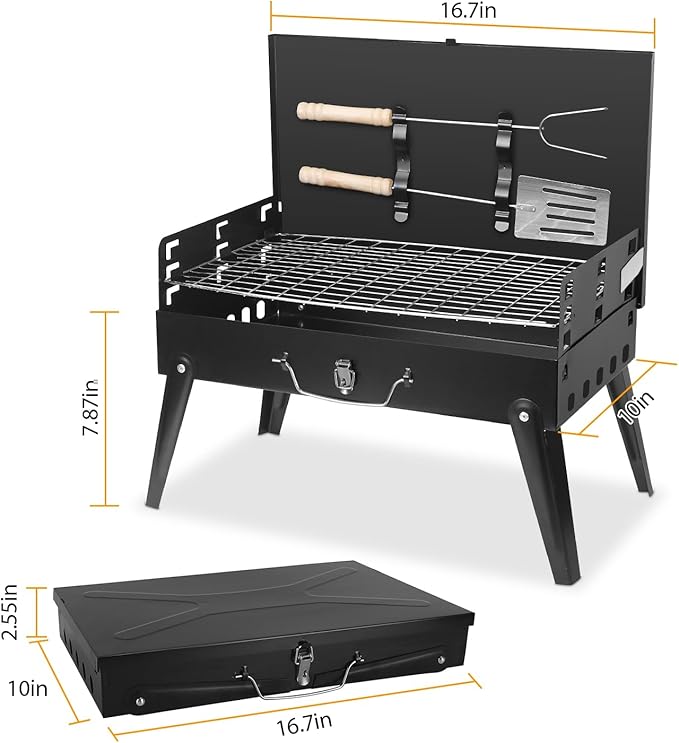 Portable Foldable Charcoal Grill Tabletop BBQ Suitcase with Grill Shelf Carry Bag Desktop Compact Charcoal Grill for Outdoor Camping and Picnic Grilling 16.7x10x17.7in (Black)