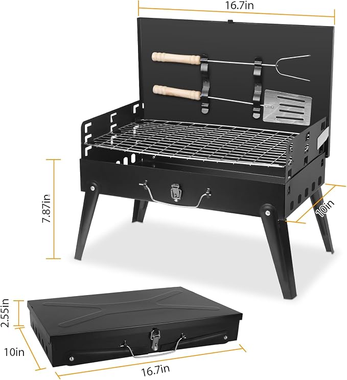 Portable Charcoal Grill for Outdoor Cooking–Foldable BBQ Grill with Adjustable Height, Removable Ash Catcher & Compact Storage Bag, Ideal for Camping, Picnics, Backyard Grilling, 16.7x10x17.7in