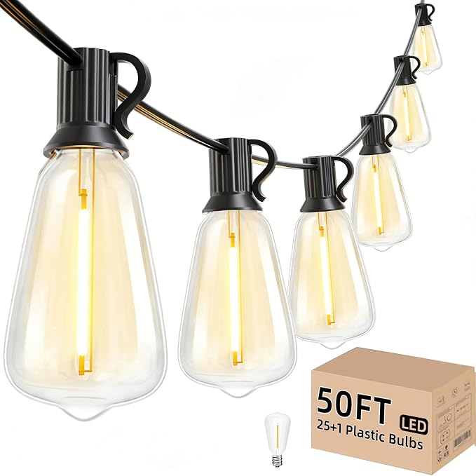 Svater 50 FT Outdoor String Lights, LED Patio Light with 26 Edison Bulbs | Waterproof Outside Hanging Lighting, Shatterproof, Connectable for Bistro Cafe Market Backyard Dimmable 2700K