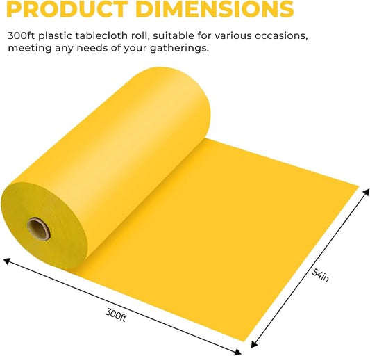 54 Inch X 300 Feet Plastic Table Cover Roll Premium Disposable Plastic Tablecloth for All Type/Shape Tables | Picnic, Party, Banquet, Birthdays, Weddings (Yellow, 54 Inch X 300 Feet)