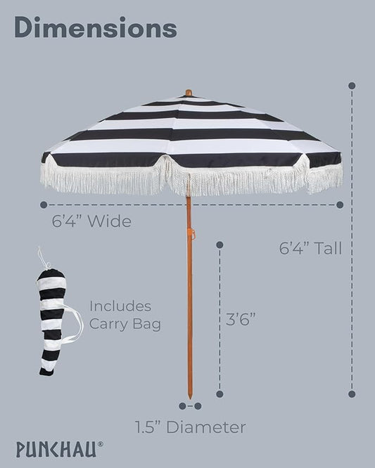 6 Ft Fringe Patio Umbrella - Outdoor Umbrella for Patio, Pool, Table, Garden, Deck, Beach, and Outdoors - Fashionable Boho Vintage Tassels & Wood Print - Push Button Tilt Pole