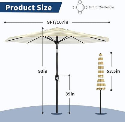 Garvee 9FT Outdoor Patio Umbrella 8 Sturdy Ribs Outdoor Table Umbrella with Crank Lift & Push Button Tilt - UV Protection Waterproof Market Umbrellas for Pool Deck Yard Garden, Tan & White Stripes