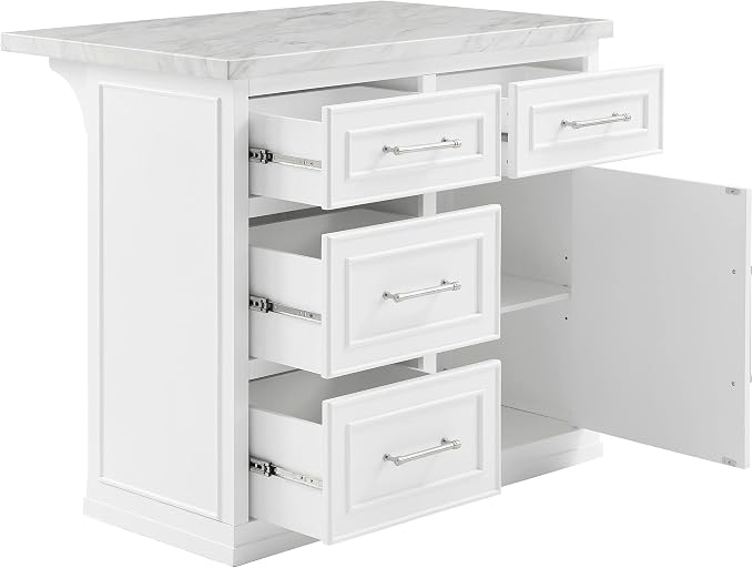 Crosley Furniture Cutler Faux Marble Top Kitchen Island with Storage, Breakfast Bar, Microwave Stand, White