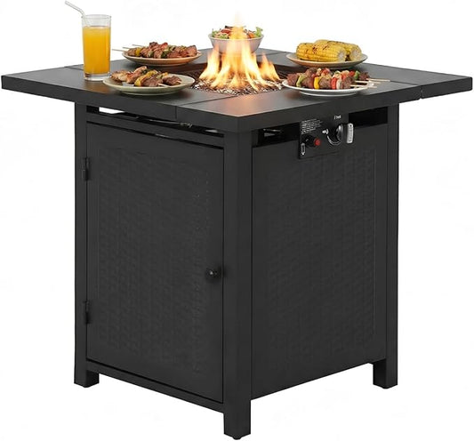 PayLessHere 28" Square Propane Fire Pit Table, 50,000 BTU CSA-Certified Outdoor Gas Fire Pit with Lid & Lava Rock, Alloy Steel Patio Fire Table for Backyard, Balcony & Garden
