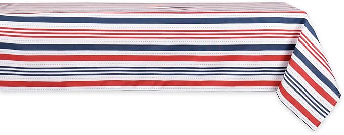 DII 100% Polyester, Spill proof and Waterproof, Machine Washable, Tablecloth for Outdoor Use, 60x120", 4th of July Patriotic Stripe, Seats 10 to 12 People