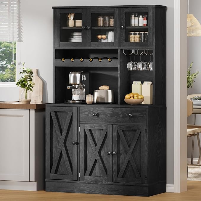 DWVO 71''H Pantry Cabinet with Drawer, Doors, Goblet Holder, Wine Rack for Storage, Pantry Cabinet with Power Outlet for Kitchen & Living Room (Black Oak) | Tall Cabinet with Doors, Shelves & Drawer, Buffet Cabinet with Goblet Holder and Wine Rack for ...