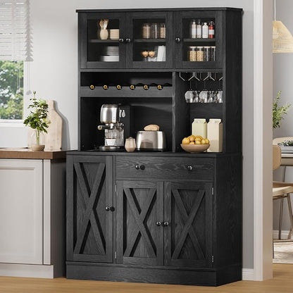 DWVO 71''H Pantry Cabinet with Drawer, Doors, Goblet Holder, Wine Rack for Storage, Pantry Cabinet with Power Outlet for Kitchen & Living Room (Black Oak) | Tall Cabinet with Doors, Shelves & Drawer, Buffet Cabinet with Goblet Holder and Wine Rack for ...