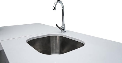 Mont Alpi 94"W x 136"D Deluxe L-shaped Stainless Steel Outdoor Kitchen Island + Refrigerator Faucet & Sink + 3-tap Kegerator Beer Dispenser + 44"W 6-Burner BBQ Gas Grill + Granite Countertops + Cover