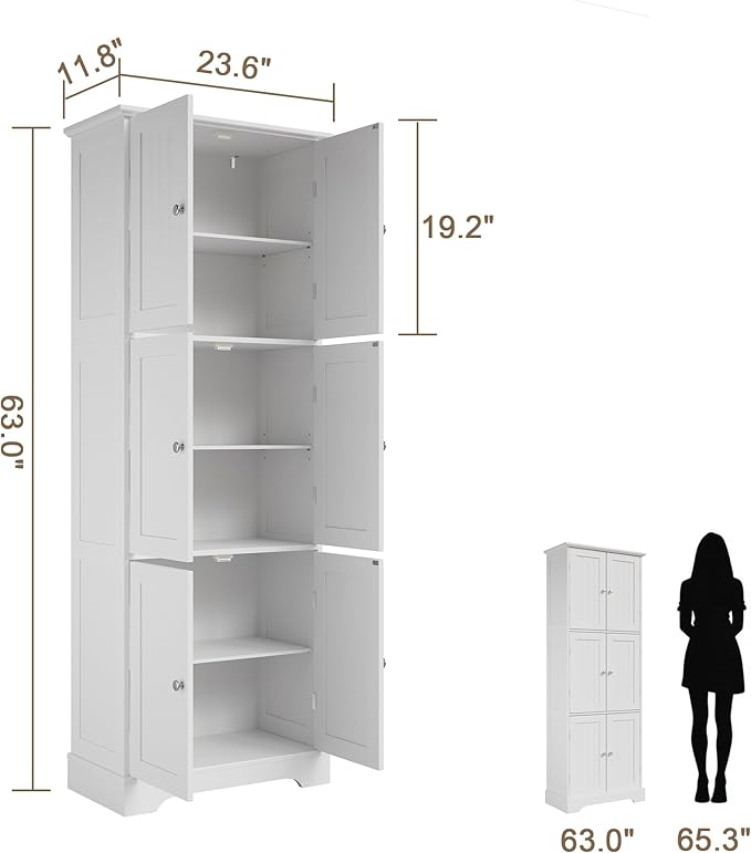 ChooChoo 63.2" Tall Bathroom Storage Cabinet with 6 Doors | Freestanding Floor Cabinet, Adjustable Shelves, Pantry Cabinet for Bathroom, Kitchen, Laundry Room, White