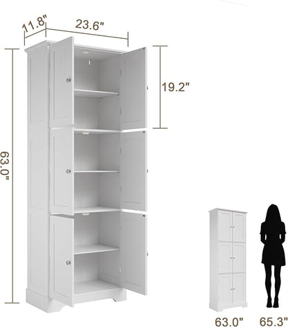 ChooChoo 63.2" Tall Bathroom Storage Cabinet with 6 Doors | Freestanding Floor Cabinet, Adjustable Shelves, Pantry Cabinet for Bathroom, Kitchen, Laundry Room, White