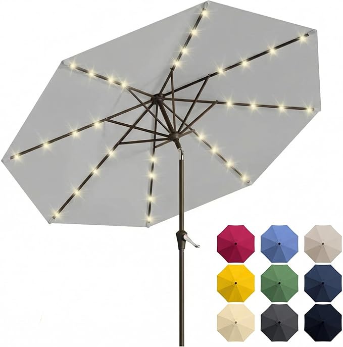 10FT Solar Patio Umbrella with Lights, Outdoor Table Market Umbrella with 32 LED Lights, 8 Sturdy Ribs, Push Button Tilt and Crank for Pool, Deck and Garden, UV-Resistant