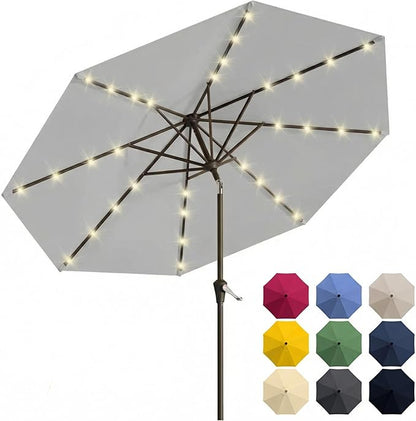 10FT Solar Patio Umbrella with Lights, Outdoor Table Market Umbrella with 32 LED Lights, 8 Sturdy Ribs, Push Button Tilt and Crank for Pool, Deck and Garden, UV-Resistant