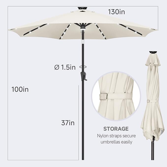 FLAME&SHADE Solar Patio Umbrella with a Centre Light, 11 FT Ivory | 40 LED Lights, UV Protection, Waterproof, Porch Deck Outdoor Umbrella for Pool, Backyard, Garden, Provides Evening Lighting