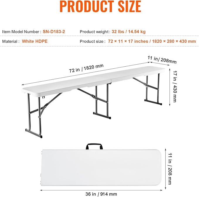 VEVOR Plastic Folding Bench, 6ft Portable Folding Bench, Smooth High Density Polyethylene Waterproof Outdoor Bench, Picnic Camping Table with Handle for Garden Soccer Playtime, White (2 Pack) | for Garden Playtime, Camping, Outdoor Event, Picnic Polyet...