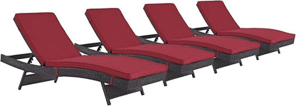Modway Convene Wicker Rattan Outdoor Patio Chaise Lounge Chairs in Espresso Red - Set of 4
