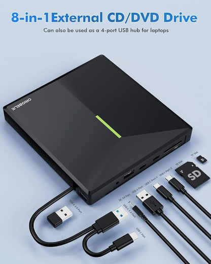 ORIGBELIE External CD DVD Drive with 4 USB Ports and 2 TF/SD Card Slots, USB 3.0 Portable CD/DVD Disk Drive Player Burner Reader Writer for Laptop MacBook Desktop PC Windows 11/10/8/7 Linux Mac OS