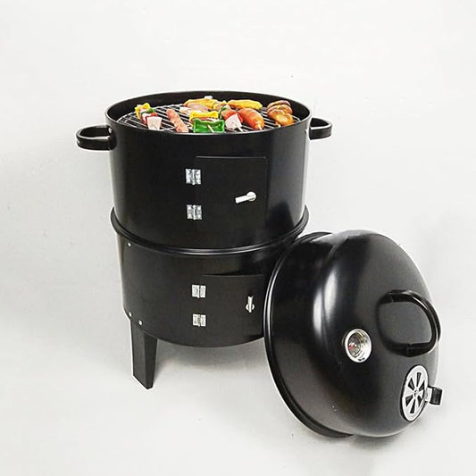 Outdoor Double-Layer Grill with Charcoal Wood Fired Braising & Smoking Stove - Oil-Free Barbecue Experience, Vertical Charcoal Fire Design, 360-Degree Heating, No Need to Flip