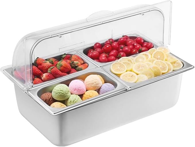 VEVOR Countertop Food Serving Display Container, 4 Pan Stainless Steel Food Serving Tray, Buffet Condiment Dispenser Display Rack with Clear Lid & 3 Freezer Boxes, for Restaurant Hotel Kitchen Party