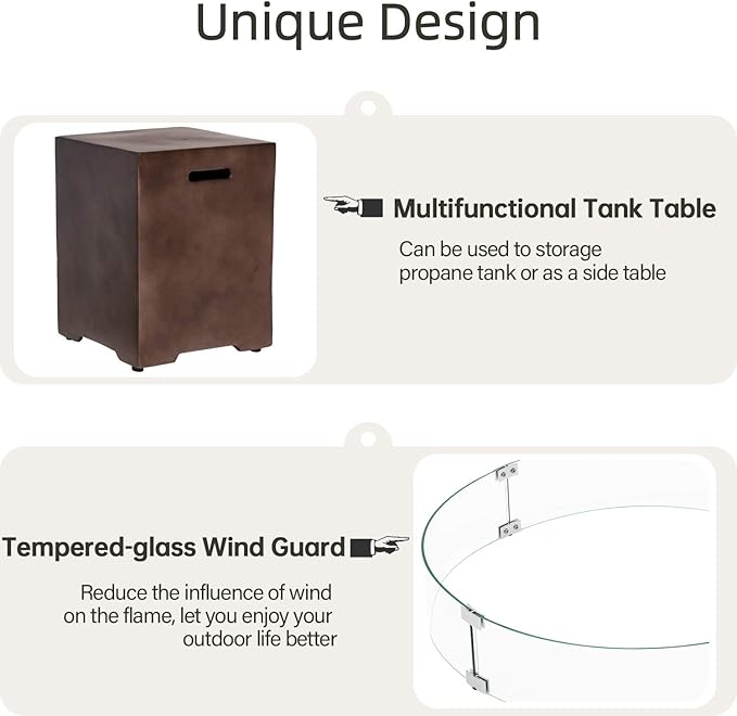 HOMPUS Outdoor Propane Fire Pit Table 42-inch 50,000 BTU Round Bronze Concrete Gas Fire Table w Tank Cover,Wind Guard,Lava Rocks,Rain Cover Smokeless FirePit for Outside Patio,Garden,Deck,Backyard