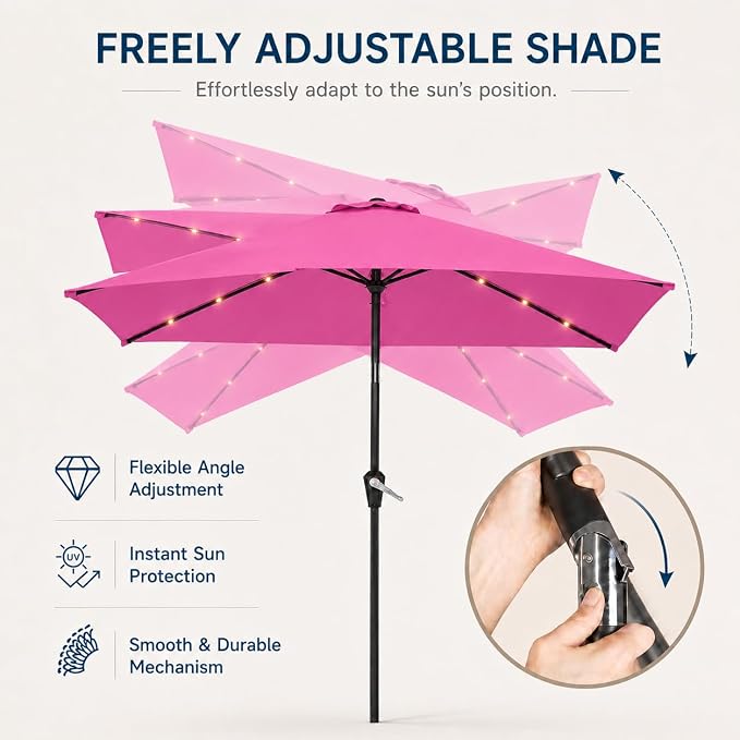 6.5 x 10ft Rectangular Patio Umbrella with Solar Lights, 16 LED Lighted Market Umbrella with Push-Button Tilt and Crank, 6 Sturdy Iron Ribs for Garden, Deck, Pool, Rose Pink