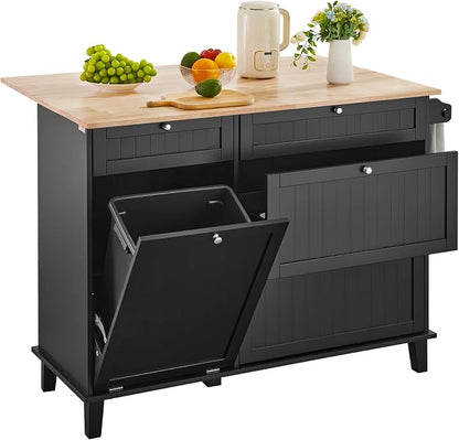 VEVOR Kitchen Island Cart, 50" Wood Top Breakfast Bar with Trash Cabinet Tilt Out 10 Gallon Storage, Farmhouse Dining Living Room Table with Drop Leaf, Towel Bar, Drawer, Black