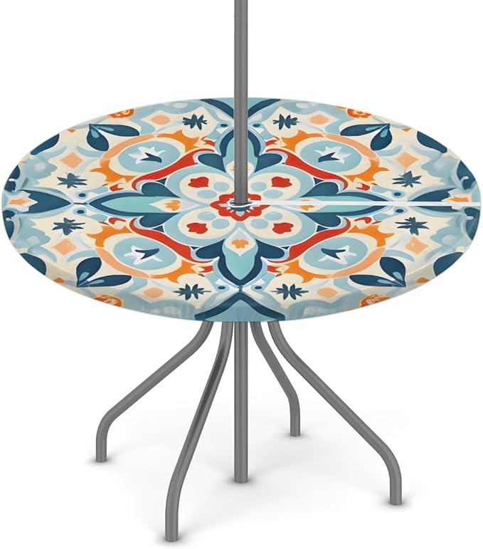 Boho Mandala Outdoor Fitted Round Tablecloth with Umbrella Hole, 45"-56" Elastic Patio Table Cloth with Zipper Oil-Proof Waterproof Patio Table Cover for Picnic Party Spring Decoration