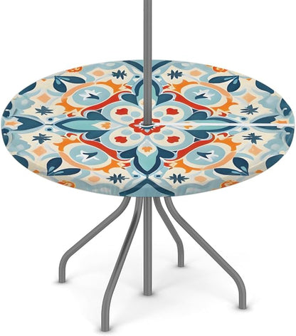 Boho Mandala Outdoor Fitted Round Tablecloth with Umbrella Hole, 45"-56" Elastic Patio Table Cloth with Zipper Oil-Proof Waterproof Patio Table Cover for Picnic Party Spring Decoration