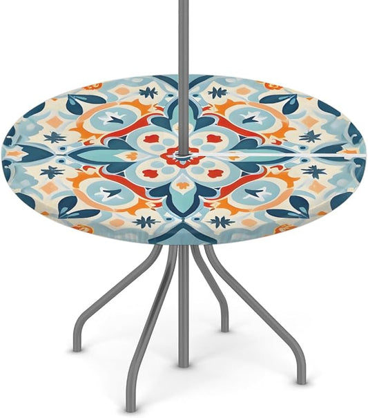 Boho Mandala Outdoor Fitted Round Tablecloth with Umbrella Hole, 45"-56" Elastic Patio Table Cloth with Zipper Oil-Proof Waterproof Patio Table Cover for Picnic Party Spring Decoration