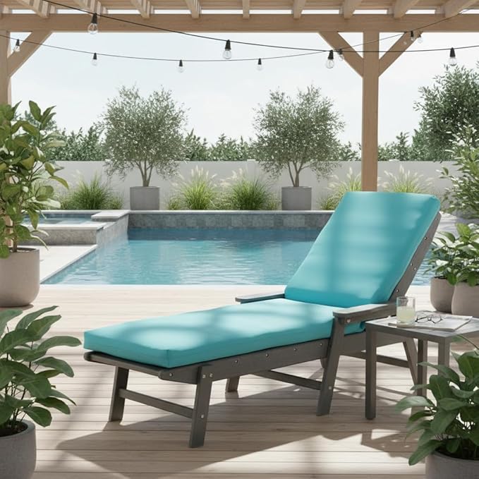 Modern Outdoor Chaise Lounge Cushion with Ties – Durable Polyester Fabric, Channel-Filled Polyfiber Insert, Removable Zippered Cover, Teal