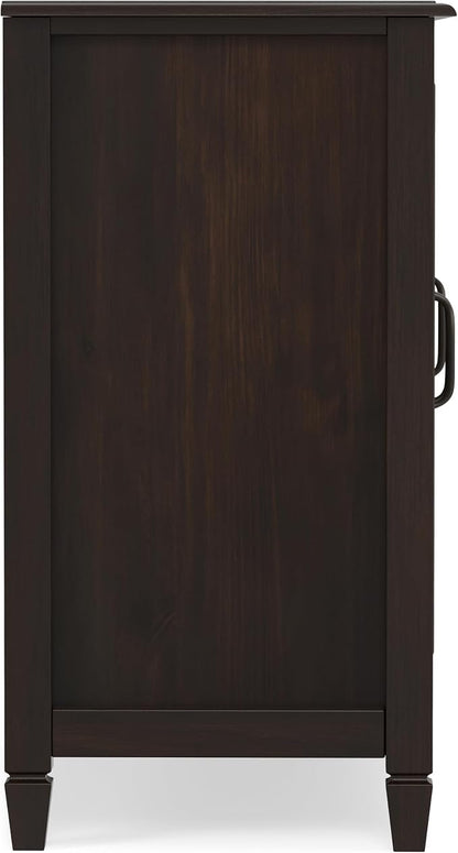 SIMPLIHOME Connaught 60" Solid Wood Buffet in Chestnut Brown | Traditional sideboard buffet with glass doors and adjustable shelves for organized dining or living room storage.