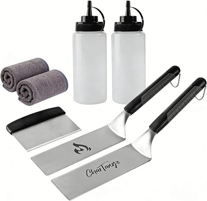 7-Piece Blackstone Griddle Set, 3mm Stainless Steel Grill Tools with Spatulas, Scraper, Oil Bottles & 2 Towels, Heavy Duty Flat Top Grill Accessories Compatible with Camp Chef Hibachi