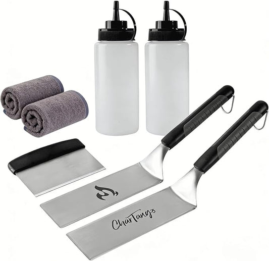 7-Piece Blackstone Griddle Set, 3mm Stainless Steel Grill Tools with Spatulas, Scraper, Oil Bottles & 2 Towels, Heavy Duty Flat Top Grill Accessories Compatible with Camp Chef Hibachi