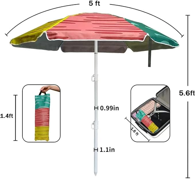 LOTTAFUN 5ft Beach Umbrella Diameter 0.99-1.2 Inch Pole Resistant UV 50+ Portable Sun Shade with Sand Anchor & Carry Bag, Outdoor Folding Umbrella for Beach,Pool,Patio,Garden (3 Color Block) NO Tilt The sand needs to be over 5 inches above the bottom