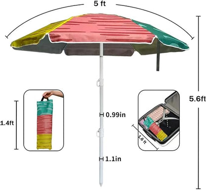 LOTTAFUN 5ft Beach Umbrella Diameter 0.99-1.2 Inch Pole Resistant UV 50+ Portable Sun Shade with Sand Anchor & Carry Bag, Outdoor Folding Umbrella for Beach,Pool,Patio,Garden (3 Color Block) NO Tilt The sand needs to be over 5 inches above the bottom