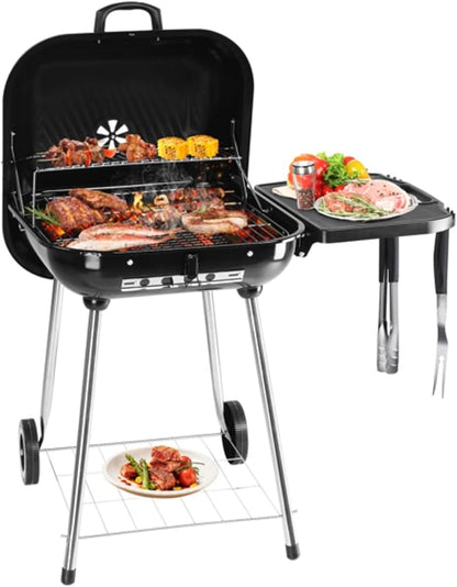 28" Portable Charcoal Grill with Wheels and Foldable Side Shelf, Large BBQ Smoker with Adjustable Vents on Lid for Outdoor Party Camping Picnic