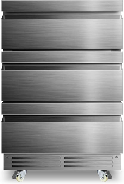24 Inch Upgraded Three-Drawer Beverage Fridge, Weather Proof Outdoor Stainless Steel Beverage Refrigerator, Under Counter Built-in Beverage Cooler for Home & Commercial Use