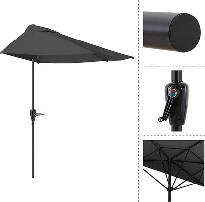 Half Umbrella Outdoor Patio Shade - 9 ft Patio Umbrella with Easy Crank - Small Canopy for Balcony, Table, or Deck by Pure Garden (Gray)