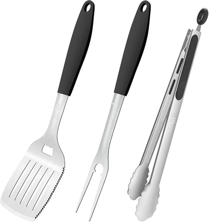 15.8" Heavy Duty Grill Set - Stainless Steel BBQ Tools with Spatula, Tongs & Fork, Professional Grilling Gifts for Men, Outdoor Barbecue Tool Set