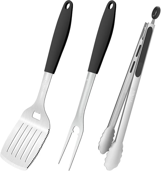 15.8" Heavy Duty Grill Set - Stainless Steel BBQ Tools with Spatula, Tongs & Fork, Professional Grilling Gifts for Men, Outdoor Barbecue Tool Set
