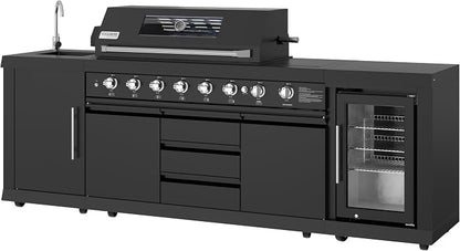 KoolMore Reserve Outdoor Kitchen Island with 6 Burner Grill and a Side Burner, Sink, Storage Cabinet, and Beverage Refrigerator, CSA Listed in Sleek Black