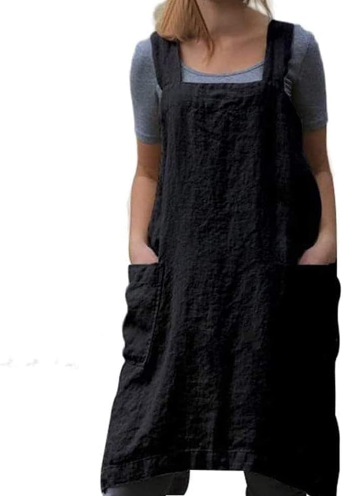 TBA Cotton Linen Apron Cross Back Apron for Women with Big Pockets Square Pinafore Dress for Baking Cooking BBQ & Grill