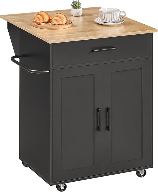 MAHANCRIS Kitchen Island on Wheels with Drop Leaf, Folding Countertop Kitchen Island Cart, Kitchen Islands Table with Towel Rack, Drawer, for Kitchen, Dining Room, Black and Natural KINB12501